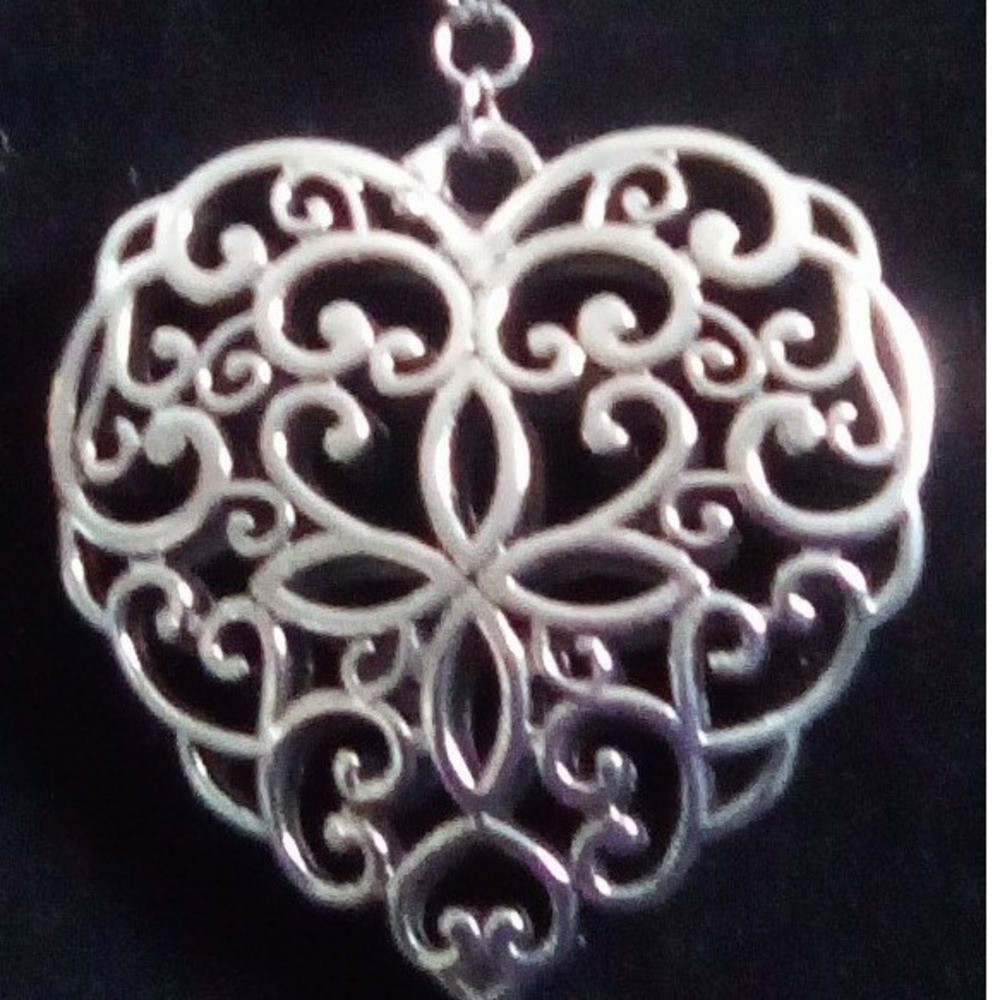 Silver Tone Filigree Heart Pendant Necklace with Blue and Clear Beads Boho 20in. - Picture 3 of 6